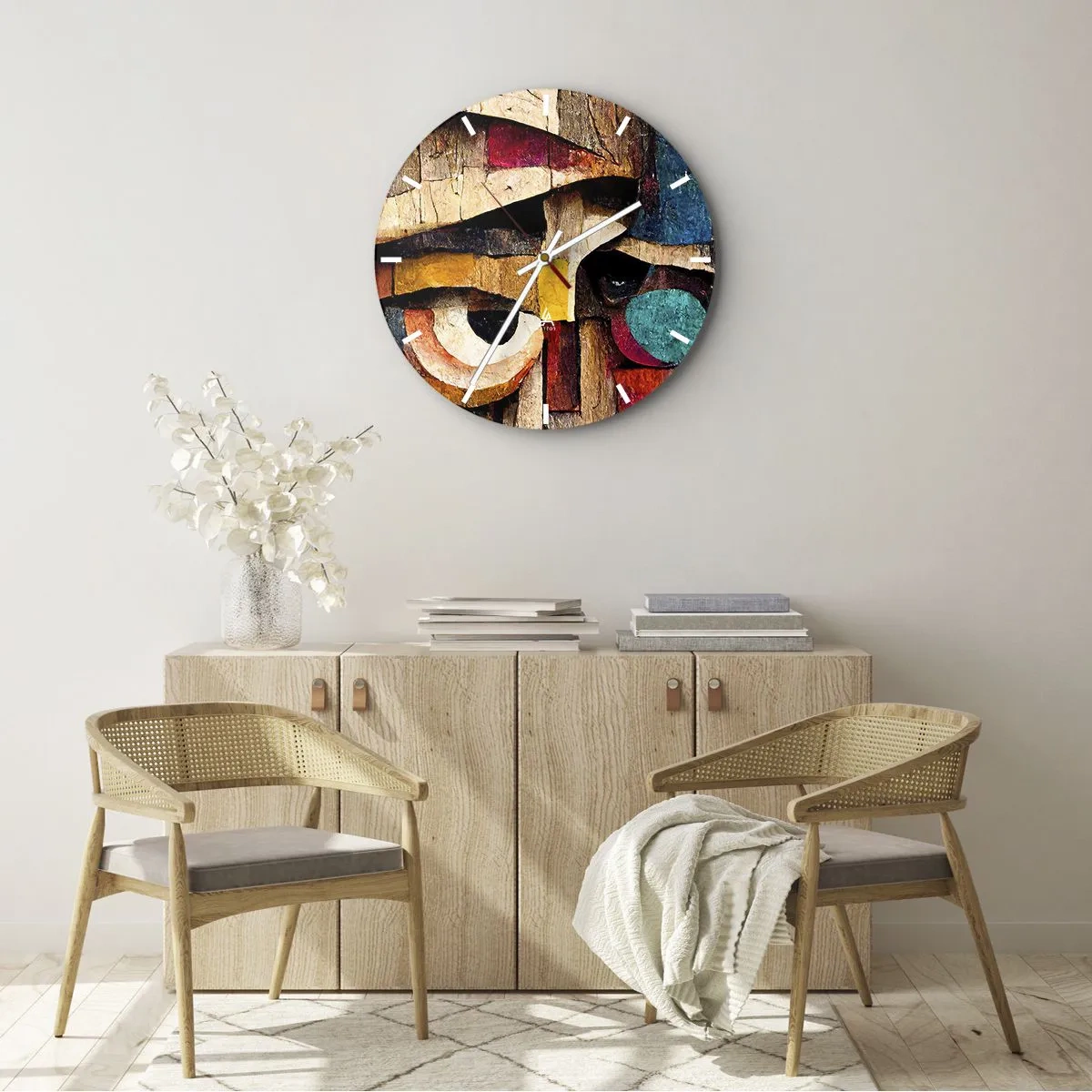 Vægur, Uret - Farverigt ansigt i stil med en træmosaik lavet af geometriske former - 30x30cm - Jeg kan se dig... - Moderne vægdekoration til stue, køkken og soveværelse ARTTOR