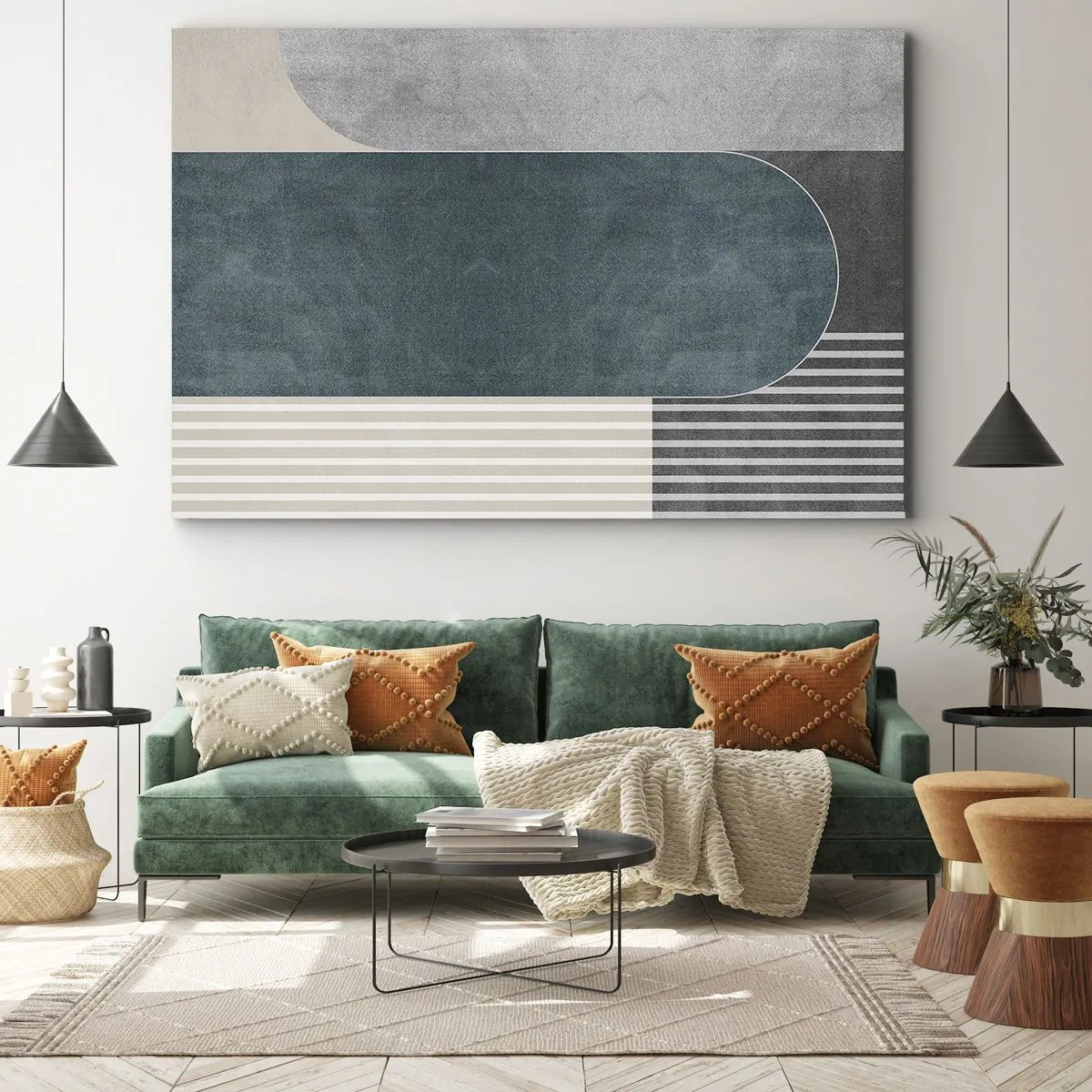 Lærredstryk - Billede på lærred - Geometrisk abstraktion i nuancer af grå og grøn - 70x50cm - Horisontal komposition - Moderne vægdekoration til stue og soveværelse ARTTOR