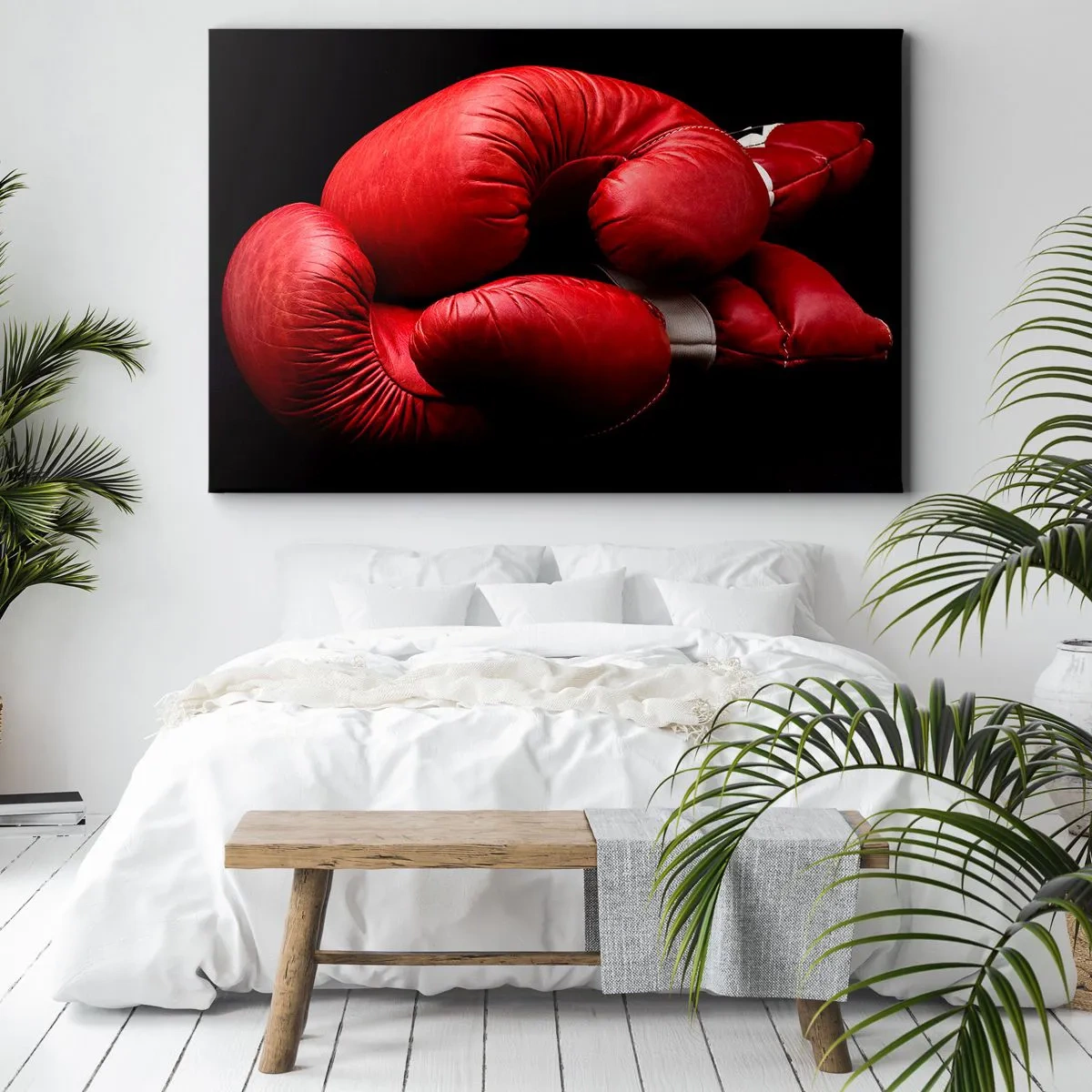 Lærredstryk - Billede på lærred - Røde boksehandsker på en sort baggrund - 70x50cm - Kampens spænding bag os - Moderne vægdekoration til stue og soveværelse ARTTOR