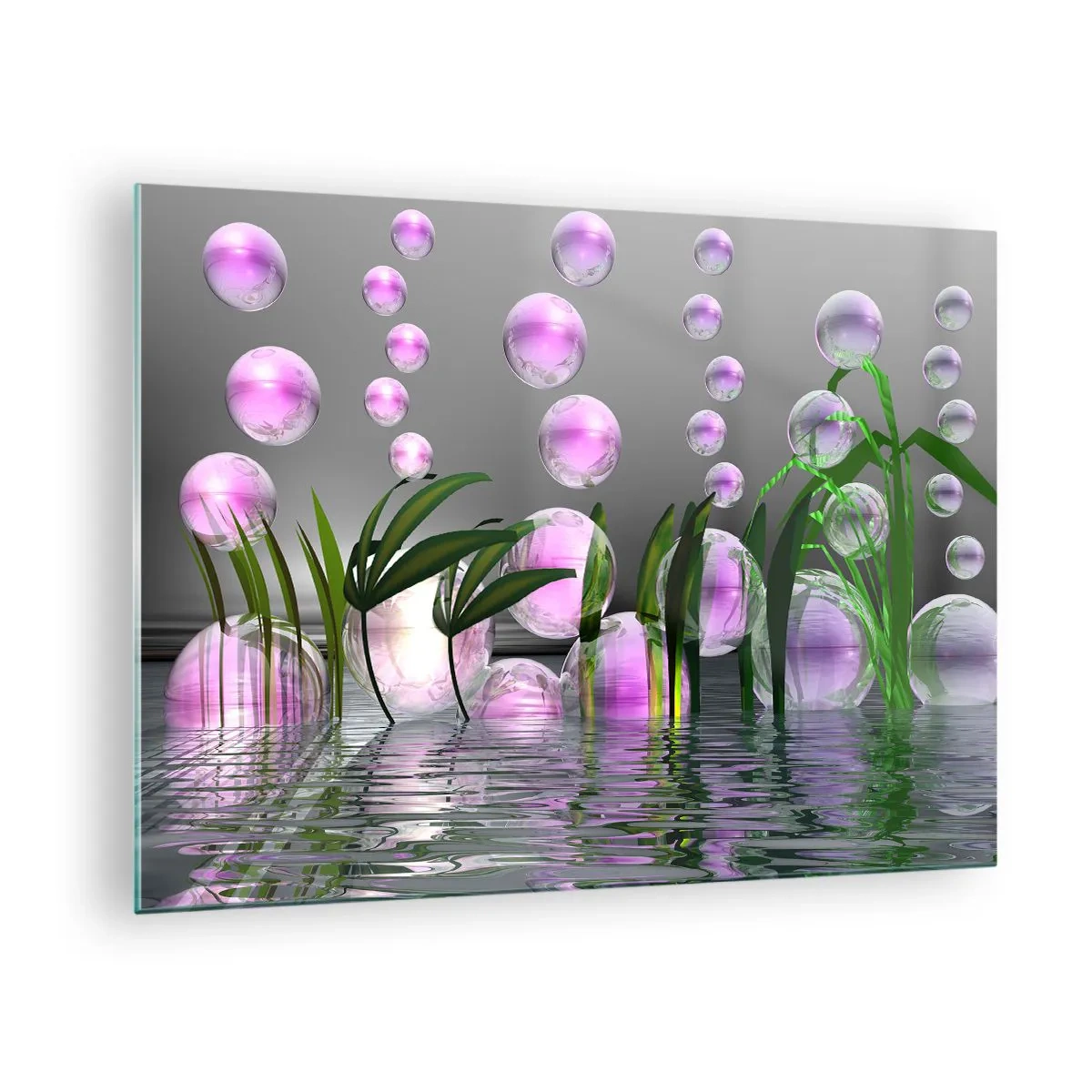 Billede på glas - Lilla bobler flyder over vandet med planter - 70x50cm - En reflekterende komposition af lethed og liv - Moderne vægdekoration til stue og soveværelse ARTTOR
