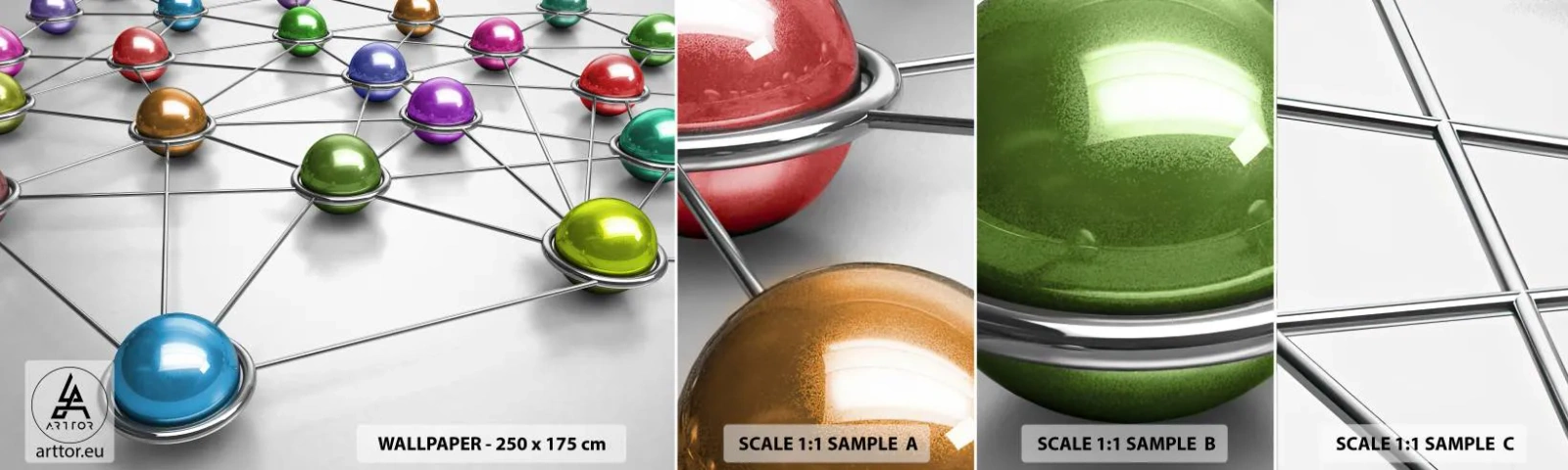 Fototapet Prøve Standard Eco - Kosmisk net - Abstraktion, Metal bolde, 3D - 100x30 cm