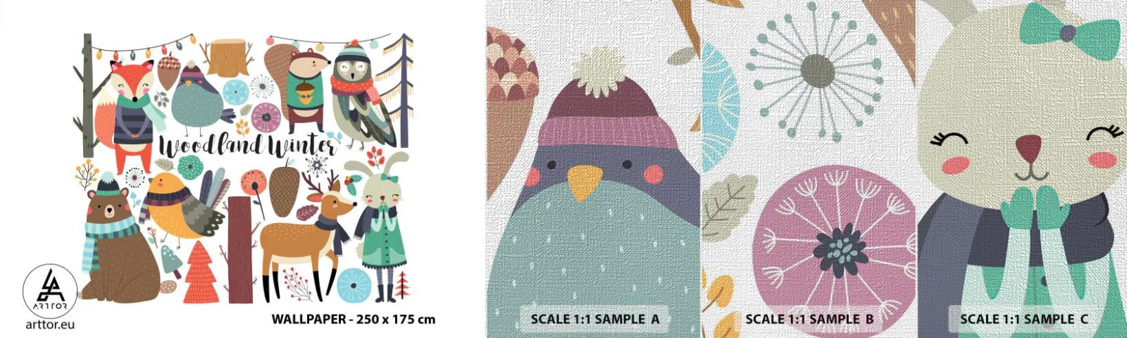 Prøve Fototapet Premium Canvas - En eventyrlig jul i skoven - For børn, Vinter i Skoven, Dyr - 100x30 cm