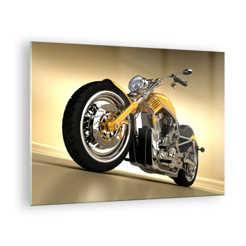 Billede på glas - En gylden specialmotorcykel mod en lys baggrund - 70x50cm - En drøm om styrke og hurtighed - Moderne vægdekoration til stue og soveværelse ARTTOR