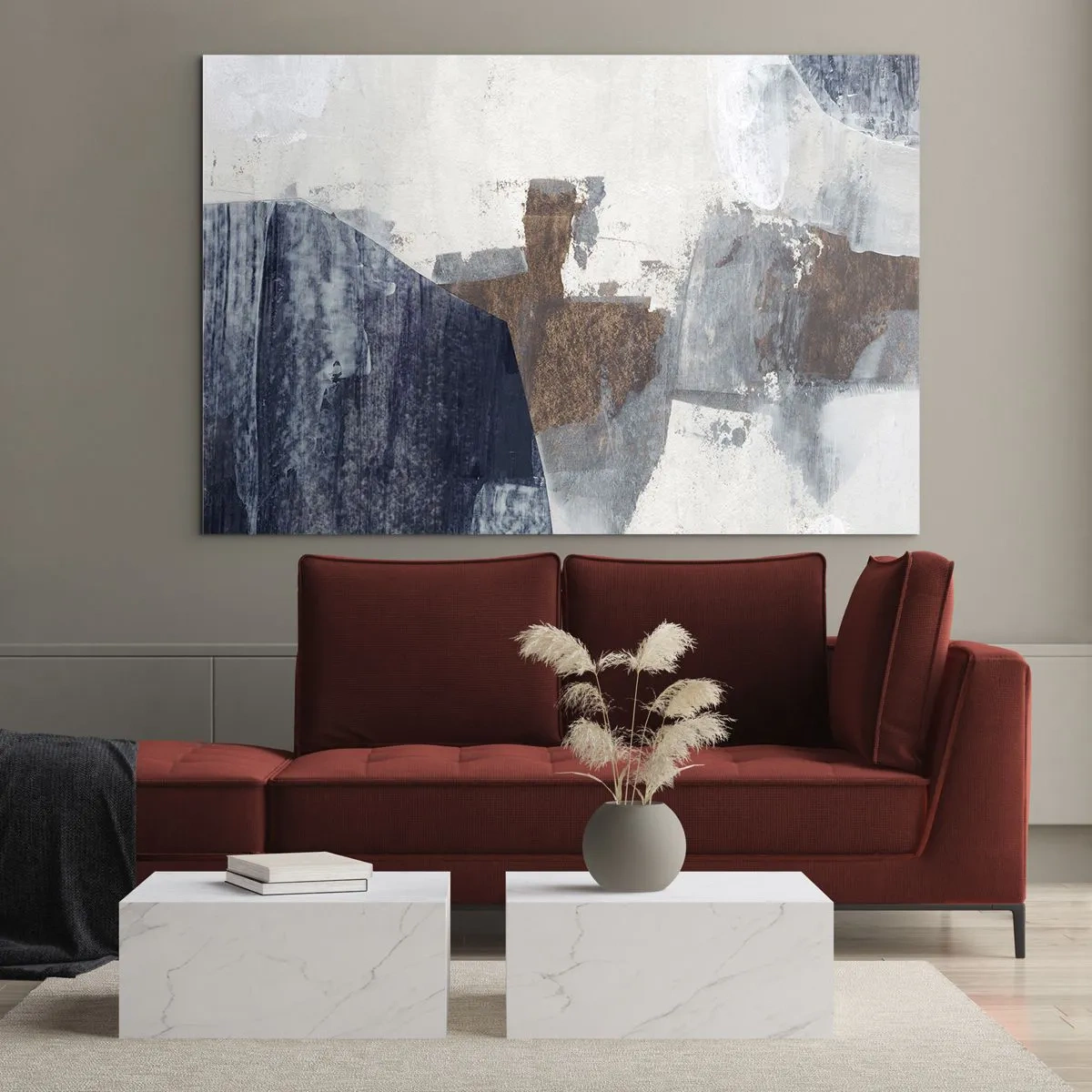 Billede på glas - Blåbrune former - 100x70 cm