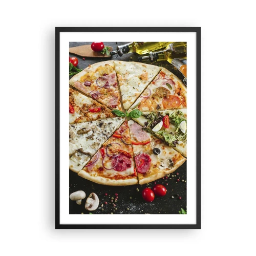 Plakat i sort ramme - Farverig pizza opdelt i forskellige stykker - 50x70cm - Et udvalg af smagsvarianter - Moderne vægdekoration til stue og soveværelse ARTTOR