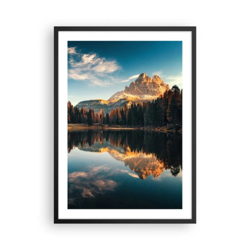 Plakat i sort ramme - En bjergtop spejlet i en rolig sø - 50x70cm - Dobbelt landskab - Moderne vægdekoration til stue og soveværelse ARTTOR