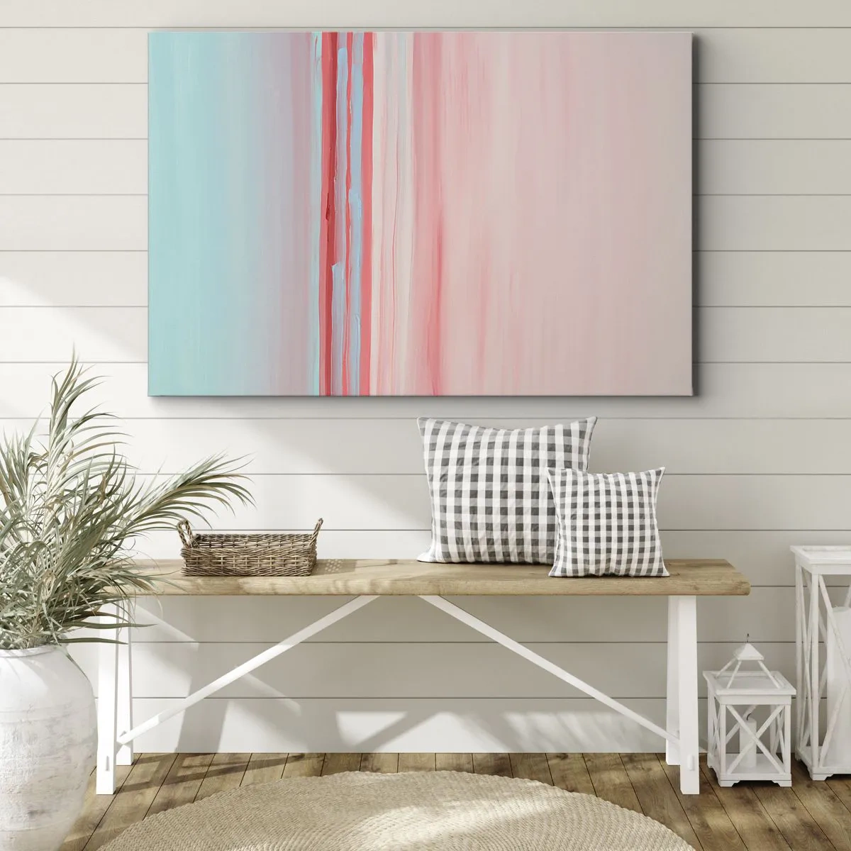 Lærredstryk - Billede på lærred - Pastellinjer i nuancer af lyserød og blå i en minimalistisk komposition - 70x50cm - Abstraktion ved daggry - Moderne vægdekoration til stue og soveværelse ARTTOR