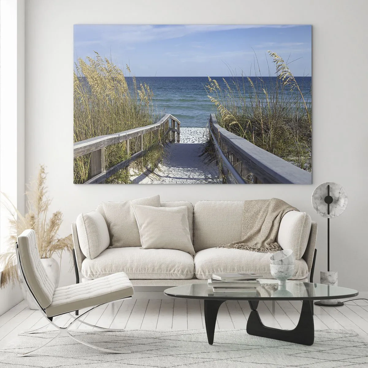 Billede på glas - Sti til stranden med havudsigt - 70x50cm - I solen, i vinden - Moderne vægdekoration til stue og soveværelse ARTTOR