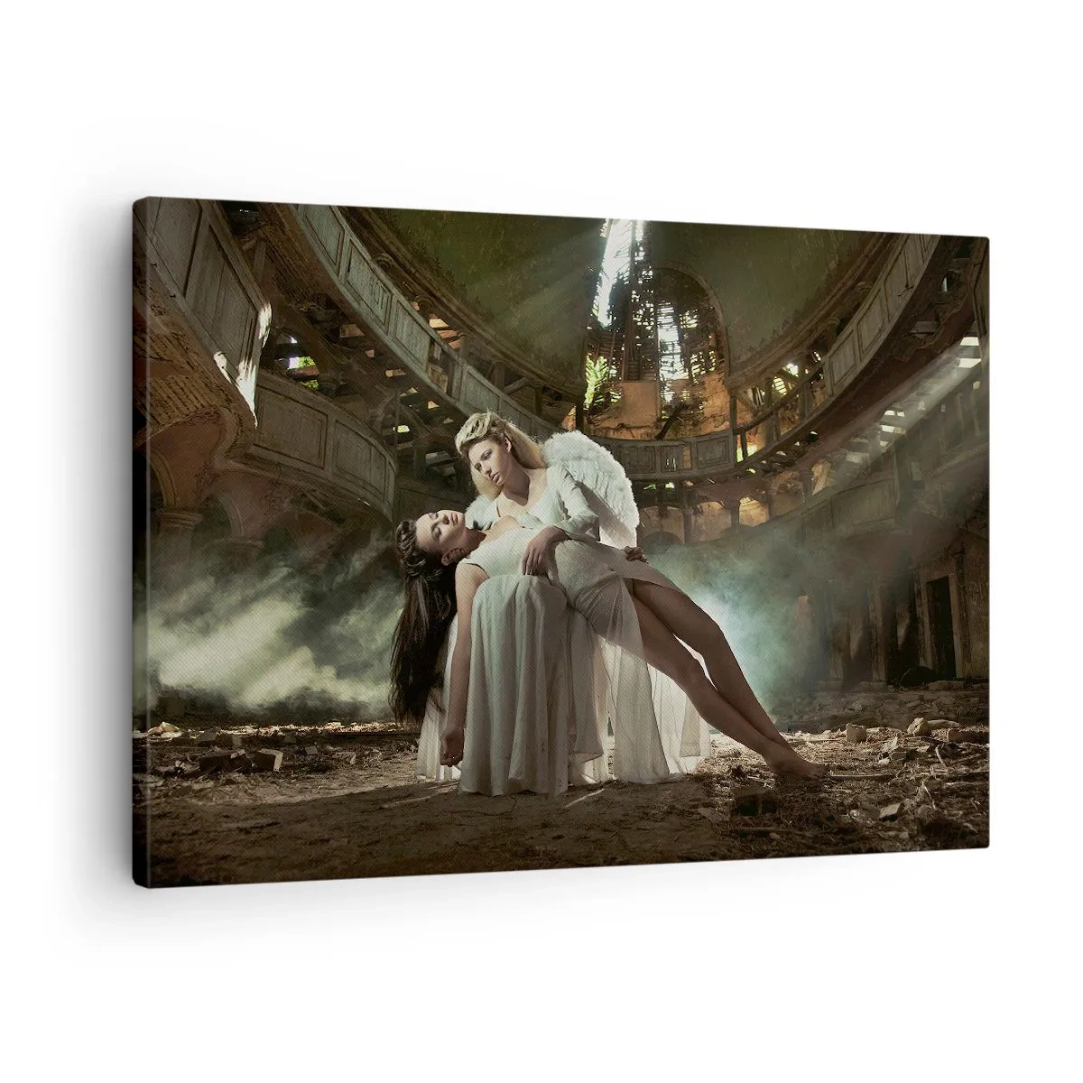 Lærredstryk - Billede på lærred - To figurer i ruiner med et lysspil - 70x50cm - Ånden i det gamle teater - Moderne vægdekoration til stue og soveværelse ARTTOR