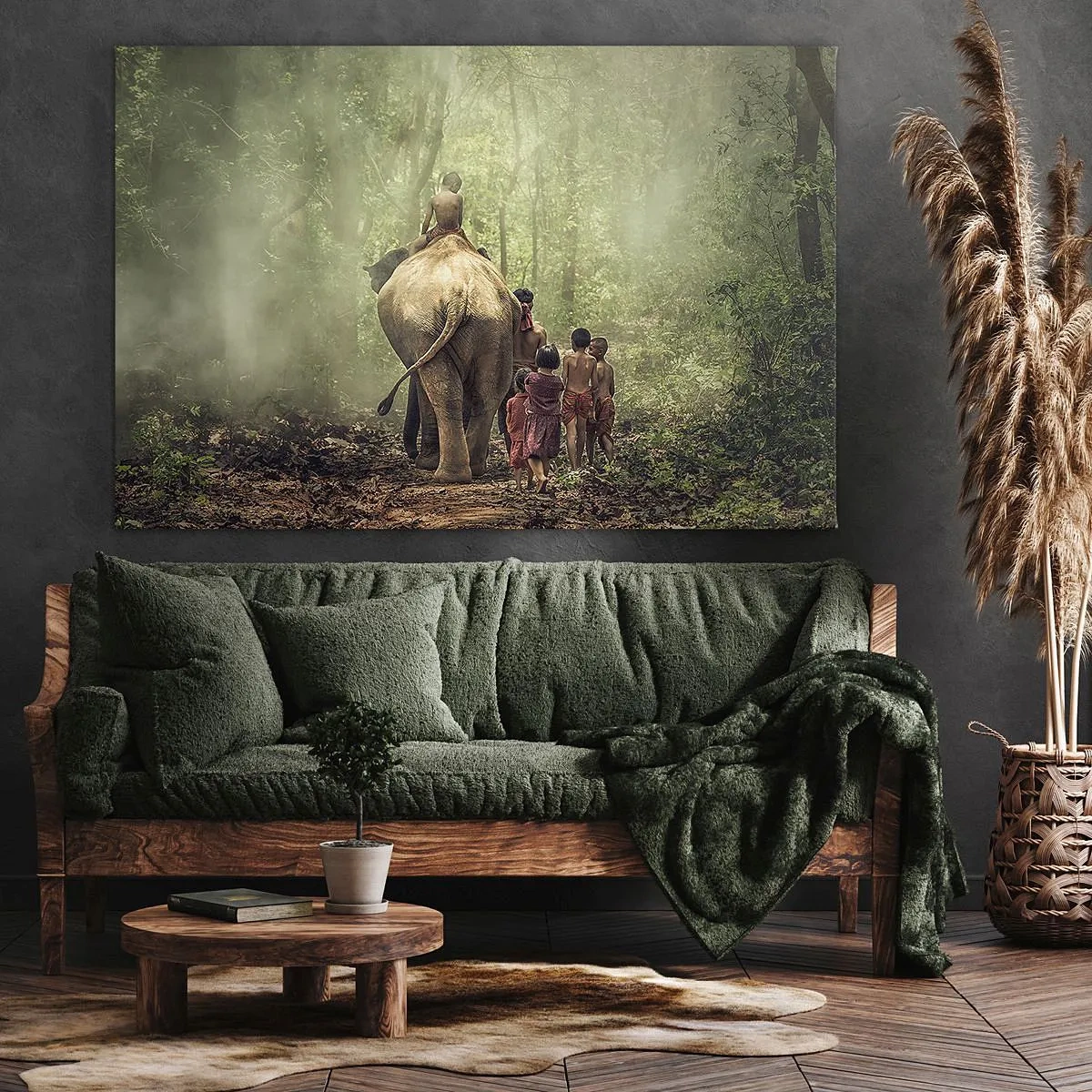 Lærredstryk - Billede på lærred - Børn med en elefant i en grøn skov i morgenlyset - 70x50cm - Den nye Junglebog - Moderne vægdekoration til stue og soveværelse ARTTOR