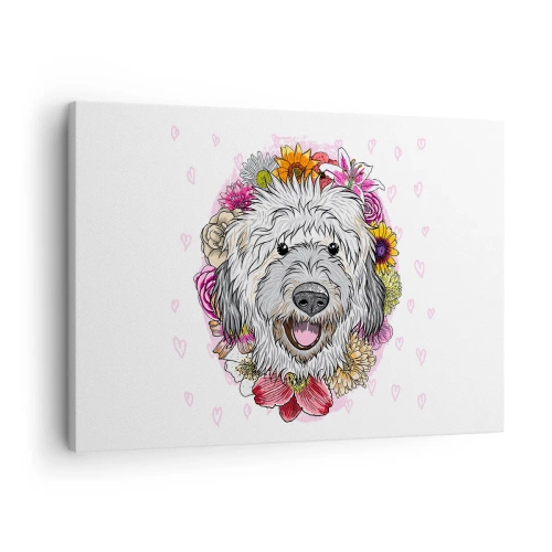 Lærredstryk - Billede på lærred - En hund omgivet af farverige blomster - 70x50cm - Hvalpens glæde - Moderne vægdekoration til stue og soveværelse ARTTOR