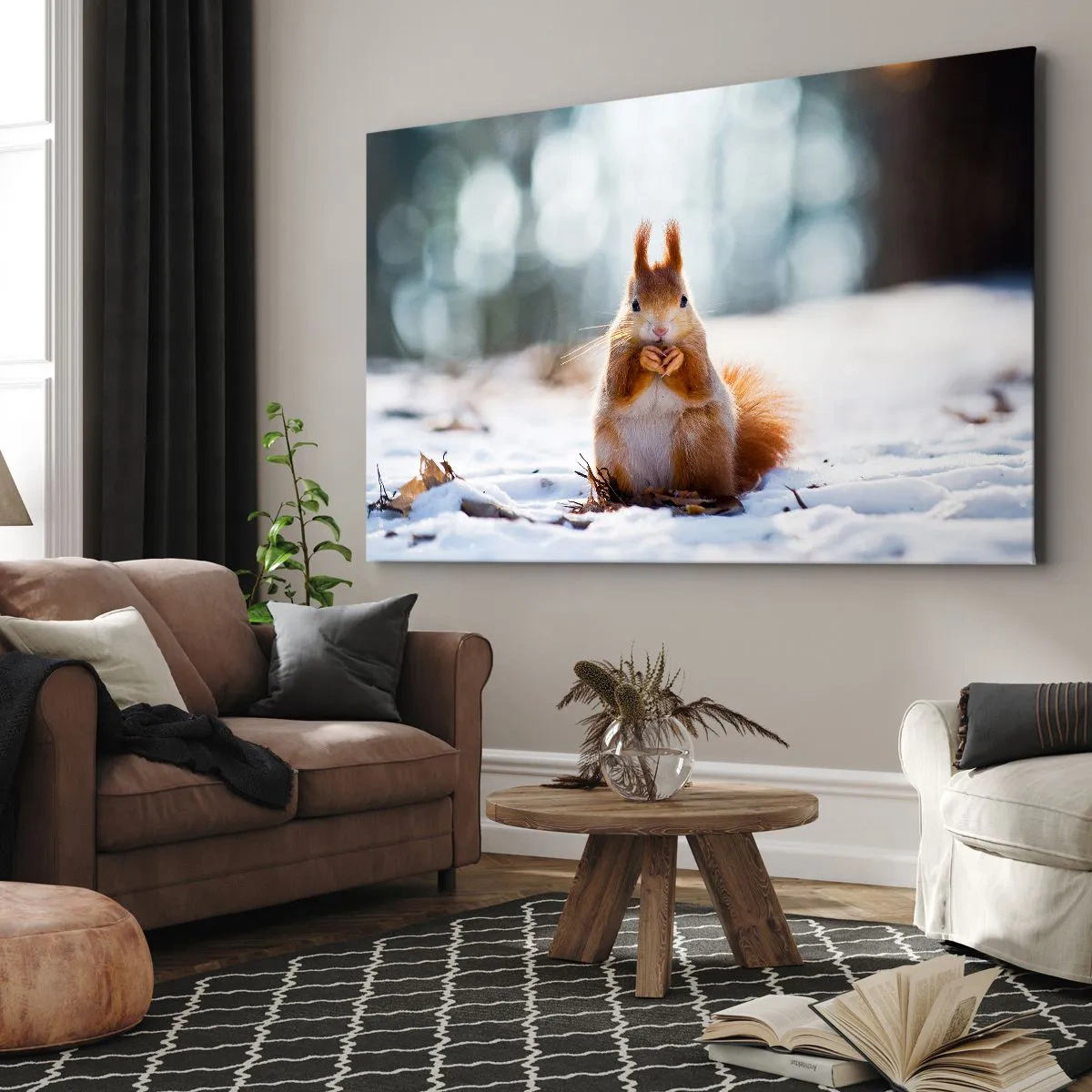 Lærredstryk - Billede på lærred - Et egern i et vinterlandskab - 70x50cm - Og hvad kigger du på? - Moderne vægdekoration til stue og soveværelse ARTTOR