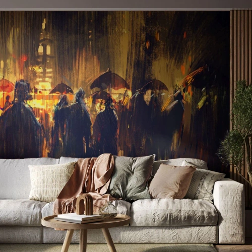 Fototapet Selvklæbende Deluxe Sticker - Tilhængere af regnen - By, Mennesker, Paraply - 100x70 cm