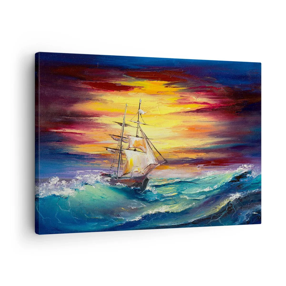 Lærredstryk - Billede på lærred - Et sejlskib mod en farverig solnedgangs baggrund - 70x50cm - At trodse bølgerne - Moderne vægdekoration til stue og soveværelse ARTTOR