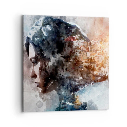 Lærredstryk - Billede på lærred - Historien om en pige med en by i baggrunden - 70x70 cm