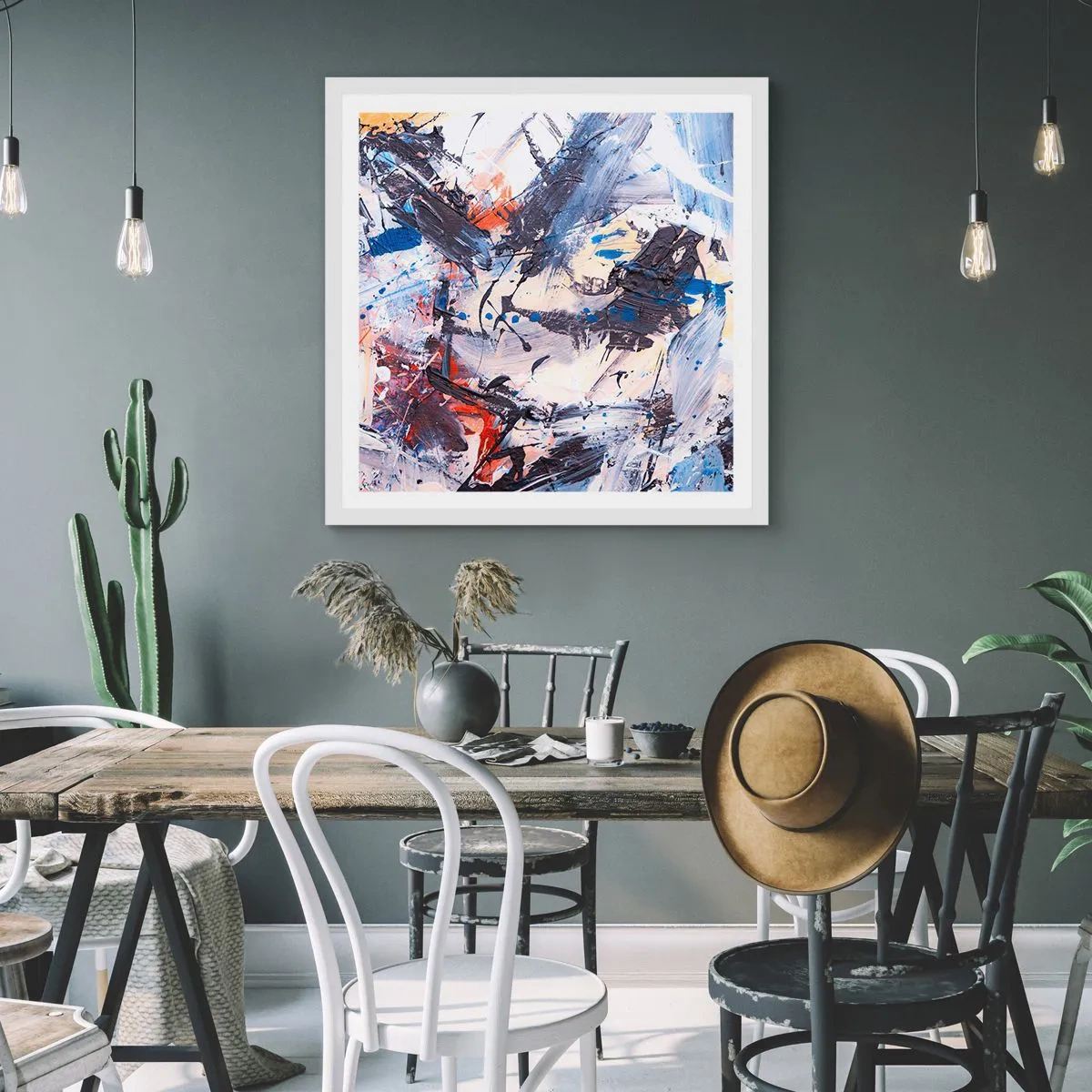 Plakat i hvid ramme - Abstraktionens vanvittige dans - 40x40 cm