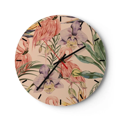 Vægur, Uret - Flamingoer og blomster på en beige baggrund - 30x30cm - Lyserød blomstret ballet - Moderne vægdekoration til stue, køkken og soveværelse ARTTOR