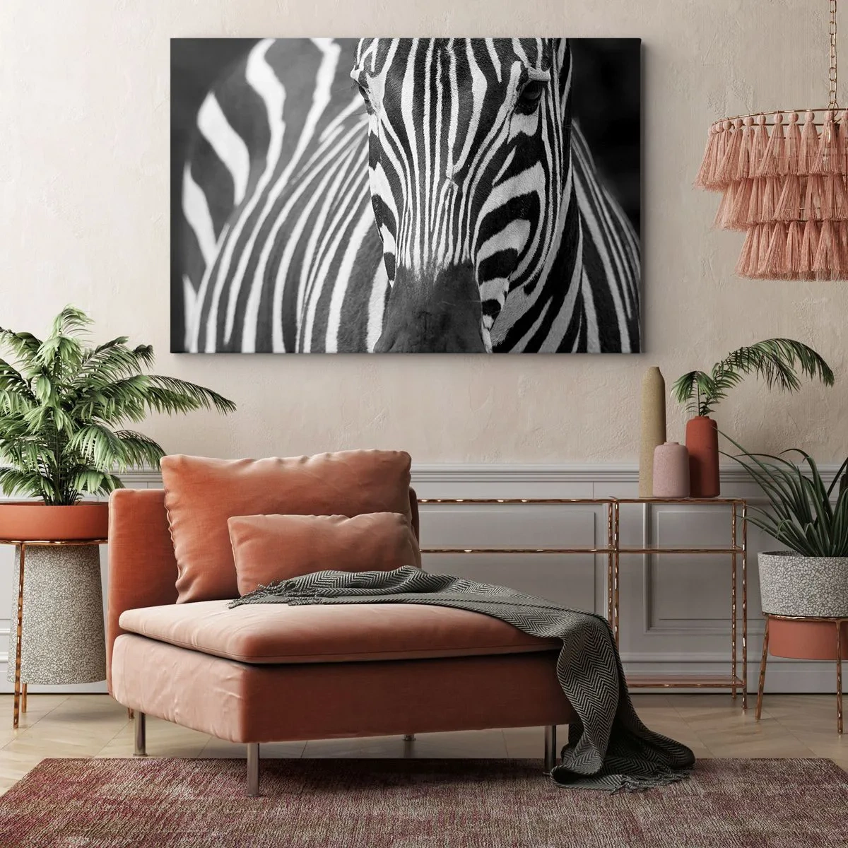 Lærredstryk - Billede på lærred - Et sort-hvidt nærbillede af en zebra med dens karakteristiske striber. - 70x50cm - Verden er sort og hvid - Moderne vægdekoration til stue og soveværelse ARTTOR