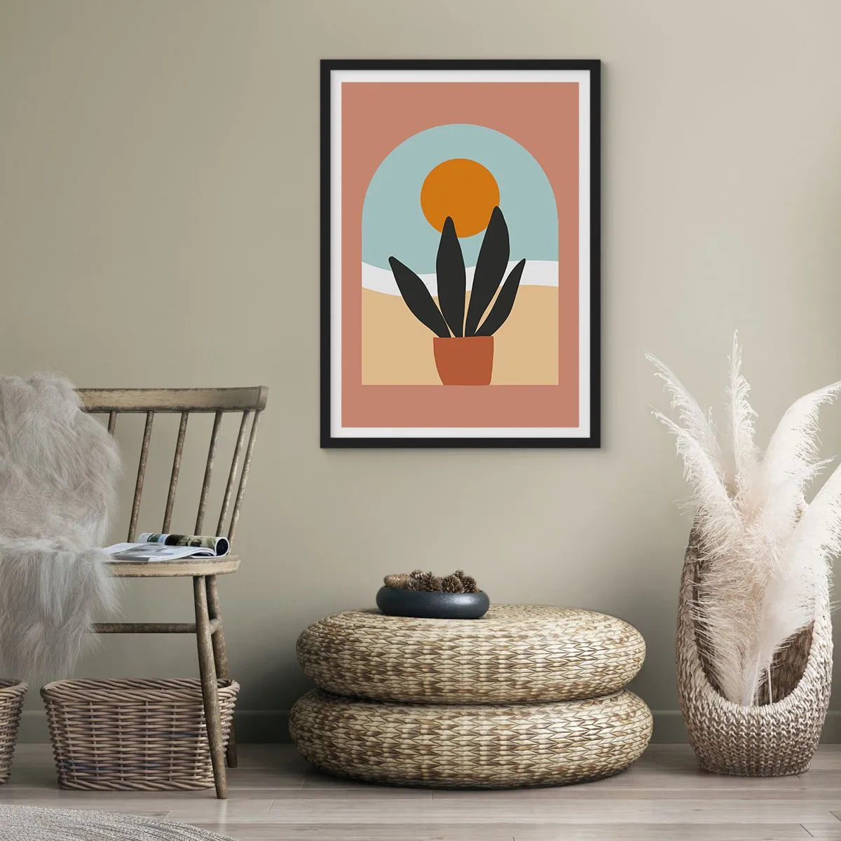 Plakat i sort ramme - En potteplante foran en bue med en solnedgang i baggrunden - 50x70cm - Små glæder - Moderne vægdekoration til stue og soveværelse ARTTOR