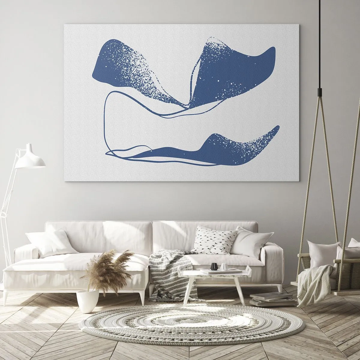 Billede på glas - Marineblå abstrakte former, der ligner vinger - 70x50cm - Bevinget abstraktion - Moderne vægdekoration til stue og soveværelse ARTTOR
