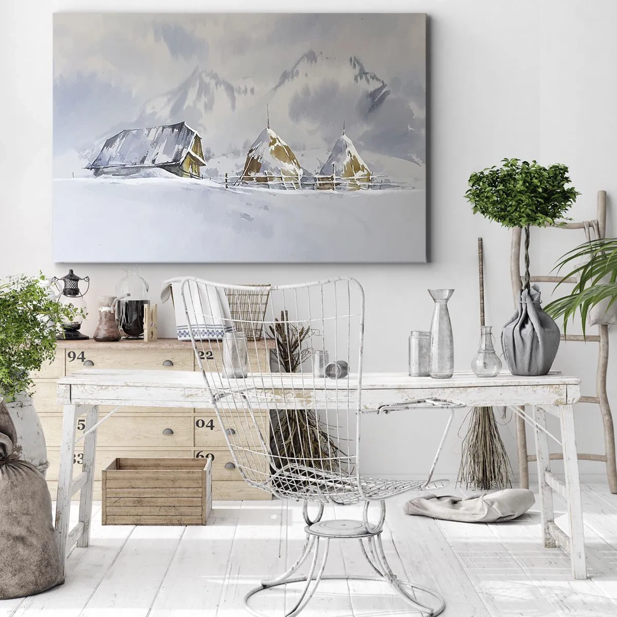 Lærredstryk - Billede på lærred - Vinterlandskab med et sommerhus og høstakke i bjergene - 70x50cm - I en sneklædt dal - Moderne vægdekoration til stue og soveværelse ARTTOR