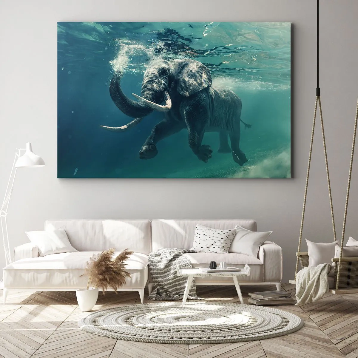 Lærredstryk - Billede på lærred - En elefant, der svømmer under vandet i det turkisblå dyb - 70x50cm - Alle kan lide at svømme - Moderne vægdekoration til stue og soveværelse ARTTOR