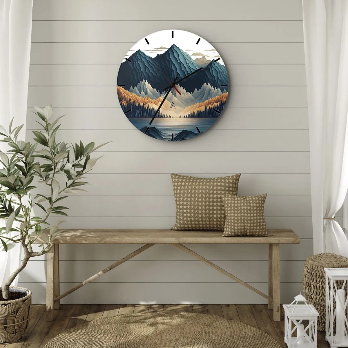Vægur, Uret - Bjerge i nuancer af marineblå og beige over søen om morgenen - 30x30cm - Perfekt bjerglandskab - Moderne vægdekoration til stue, køkken og soveværelse ARTTOR