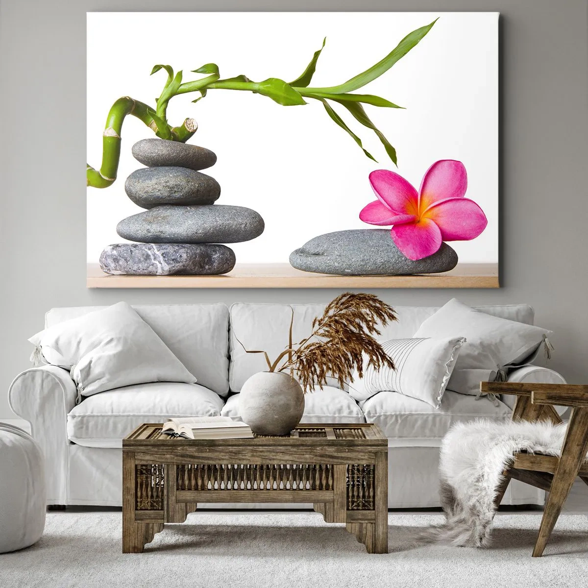 Lærredstryk - Billede på lærred - Bambus og lyserød blomst på zen-stil sten - 70x50cm - Livets og varighedens farver - Moderne vægdekoration til stue og soveværelse ARTTOR