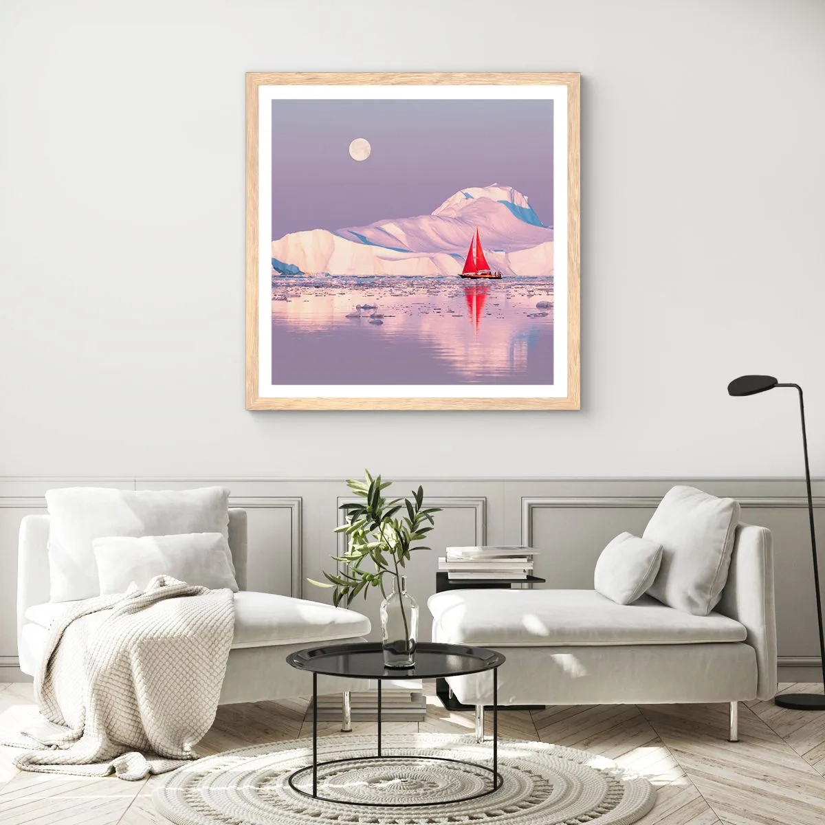 Plakat i ramme af lyst egetræ - Sejlets varme, isens kulde - 60x60 cm