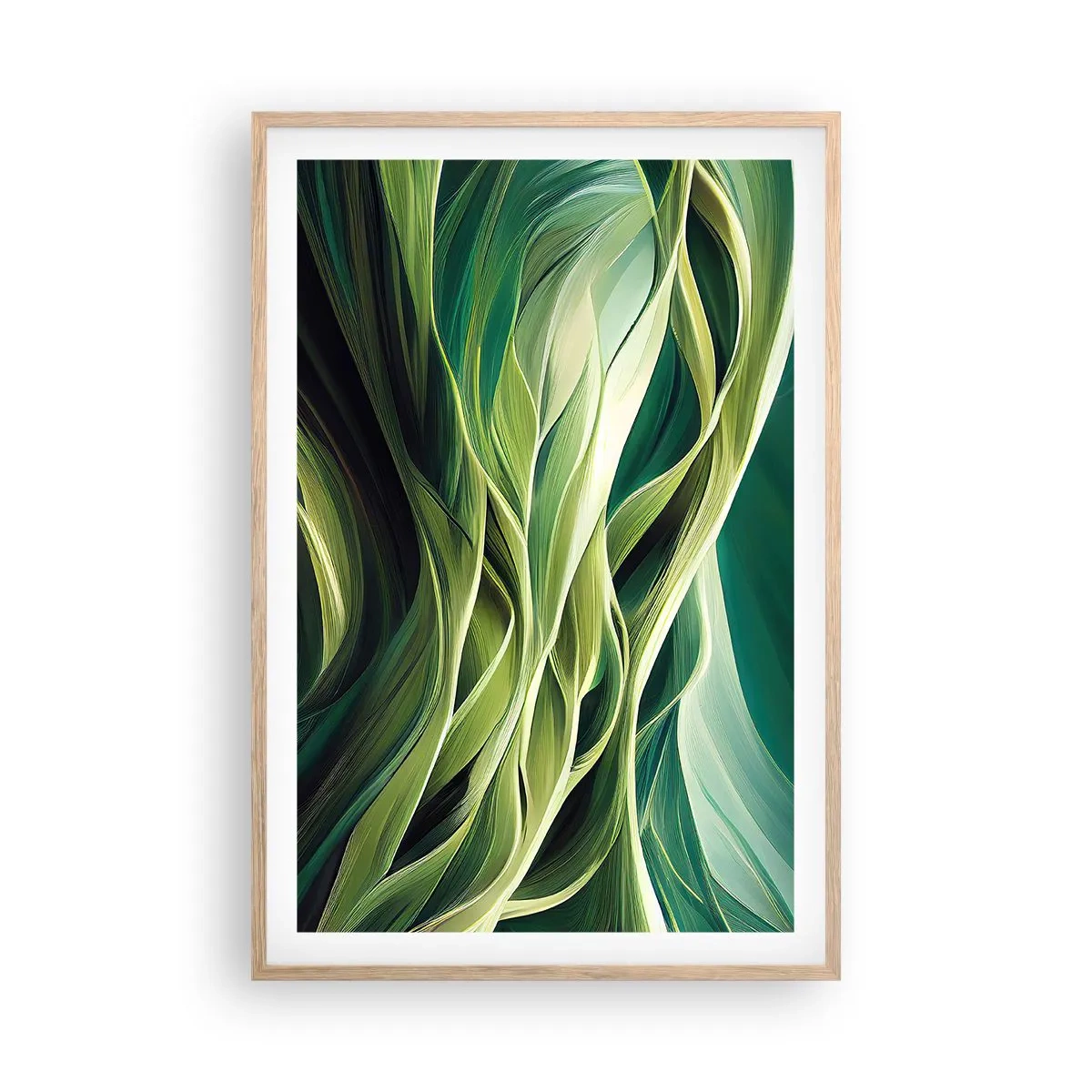 Plakat i ramme af lyst egetræ - Et abstrakt spil med grønt - 61x91 cm