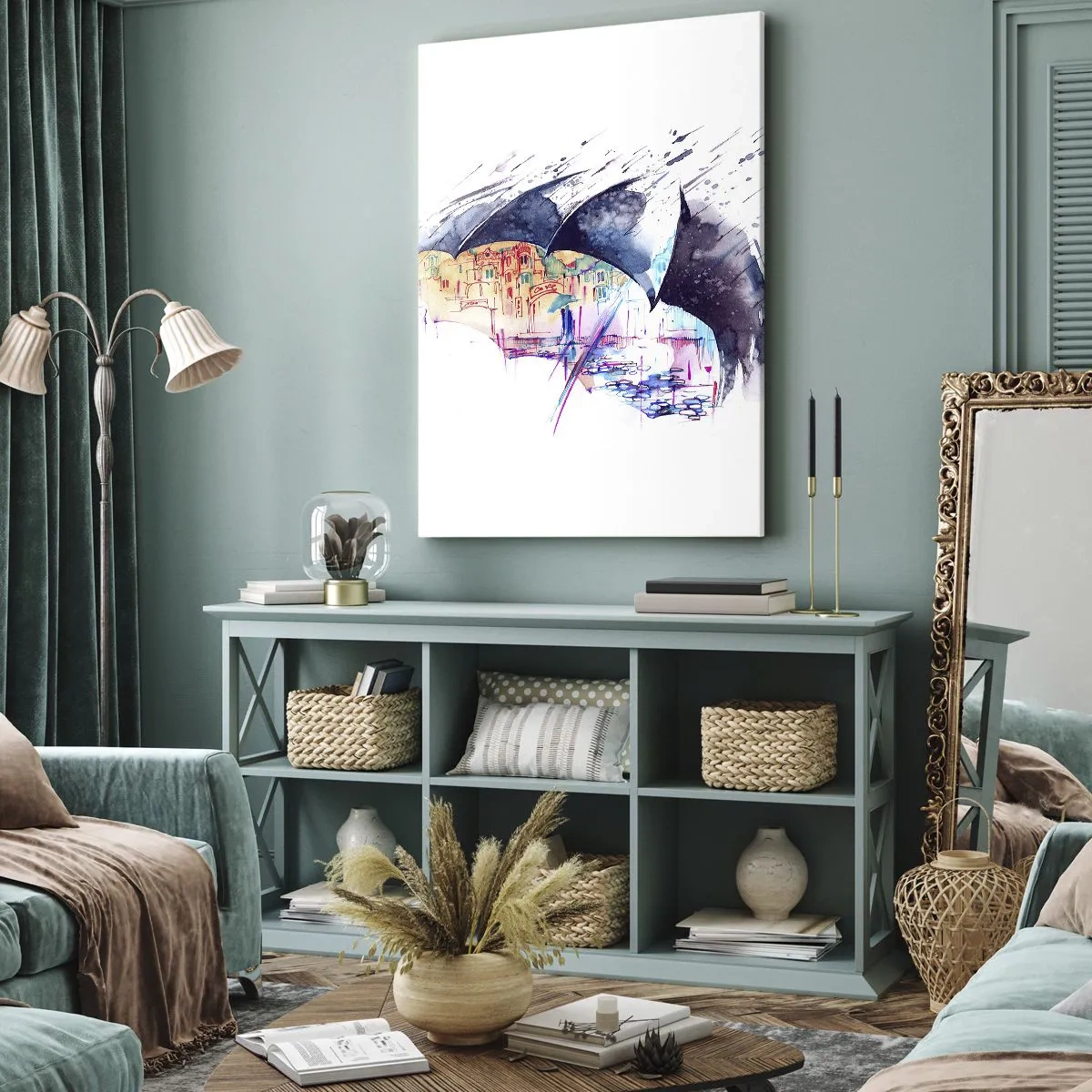 Lærredstryk - Billede på lærred - Gåtur i regnvejr - 55x100 cm