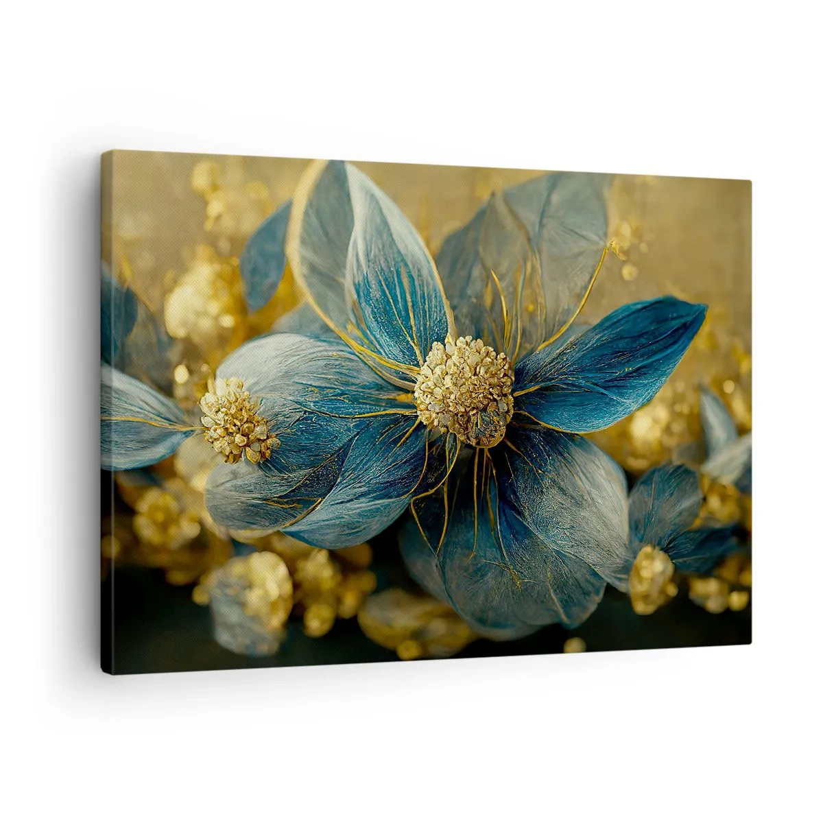 Lærredstryk - Billede på lærred - Elegante blomster i nuancer af blå og guld - 70x50cm - Blomstre med guld - Moderne vægdekoration til stue og soveværelse ARTTOR