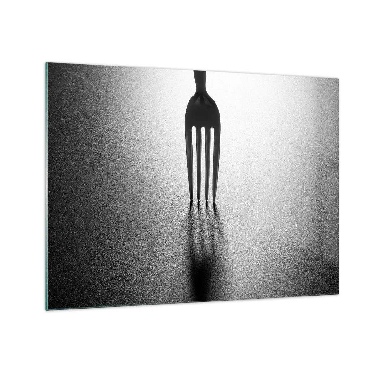 Billede på glas - En gaffel, der kaster en skygge i en minimalistisk sort-hvid komposition - 70x50cm - Lys og skygge - Moderne vægdekoration til stue og soveværelse ARTTOR
