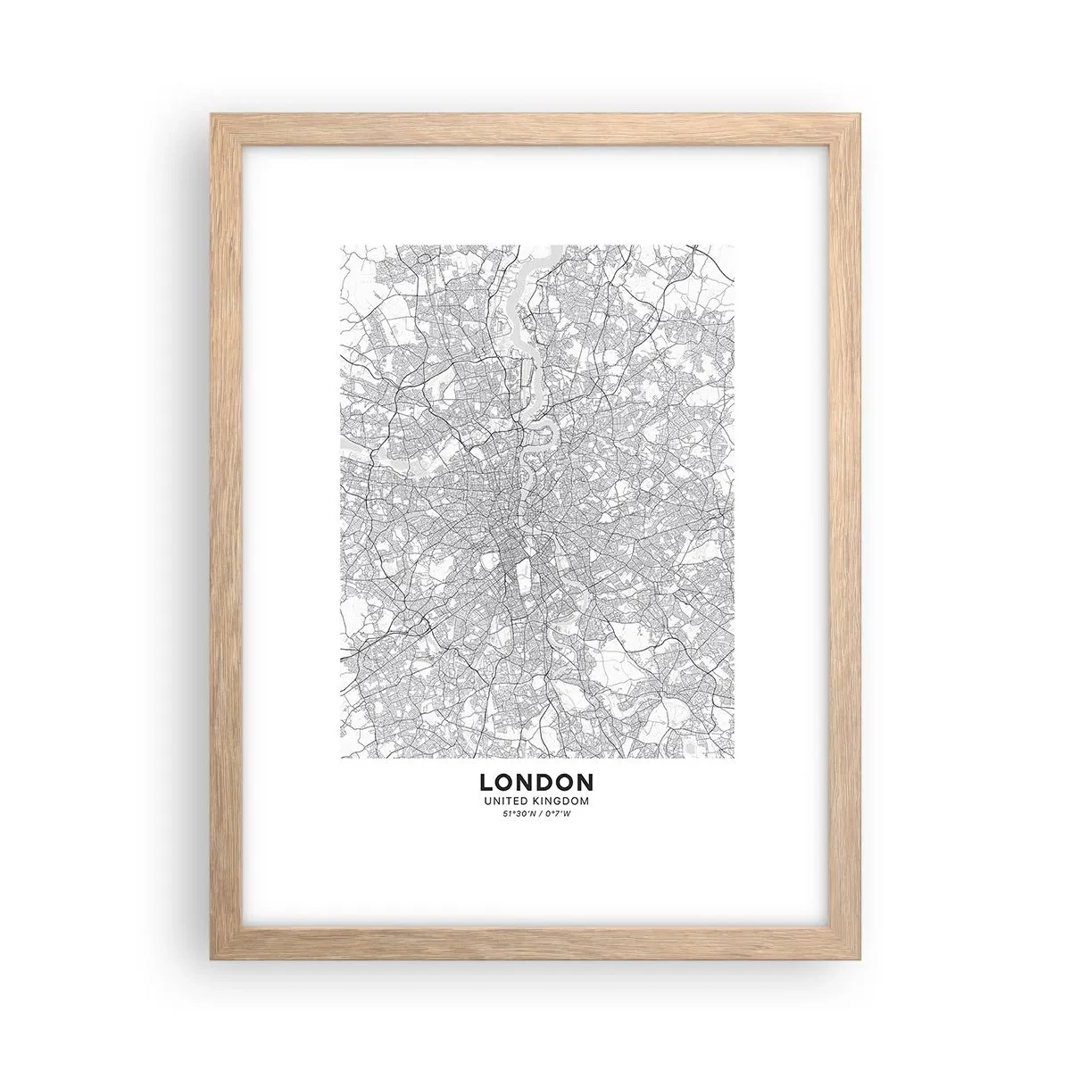 Plakat i ramme af lyst egetræ - Kort over Londons labyrint - 30x40 cm