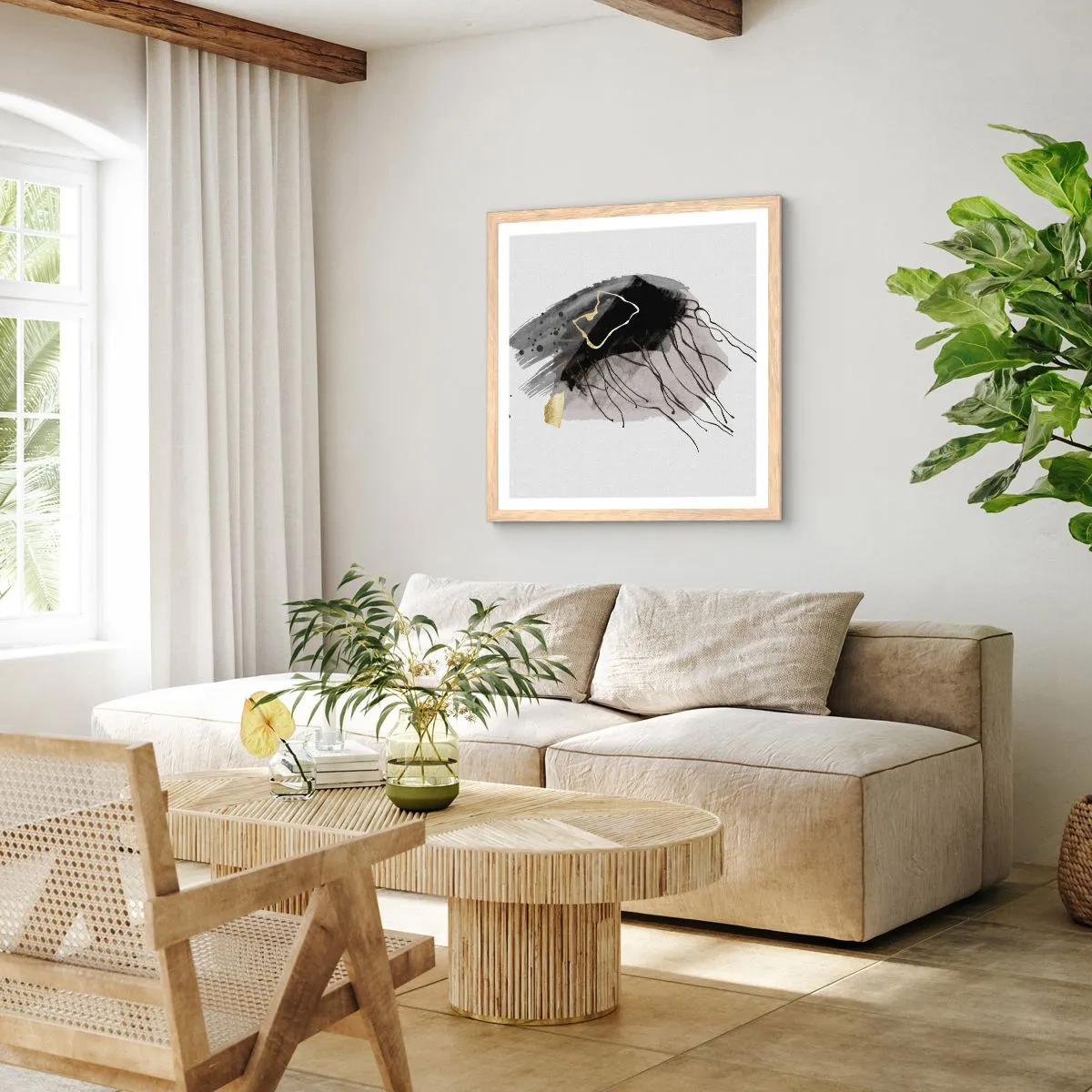 Plakat i ramme af lyst egetræ - I sort og guld - 40x40 cm