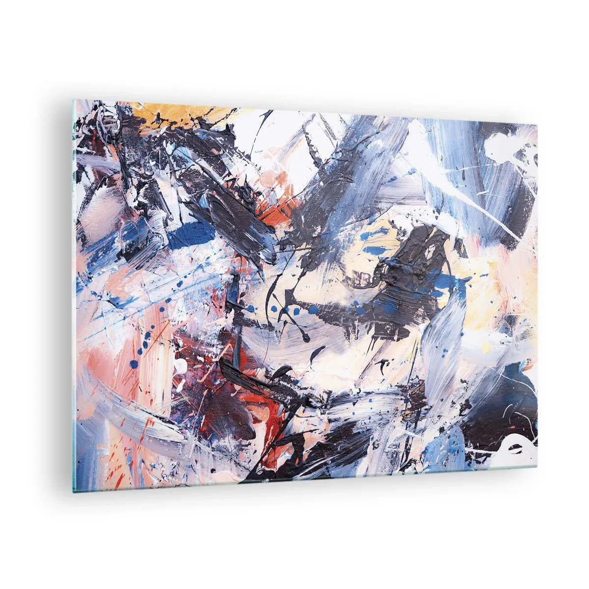 Billede på glas - Abstrakt maleri i intense farver - 70x50cm - Abstraktionens vanvittige dans - Moderne vægdekoration til stue og soveværelse ARTTOR
