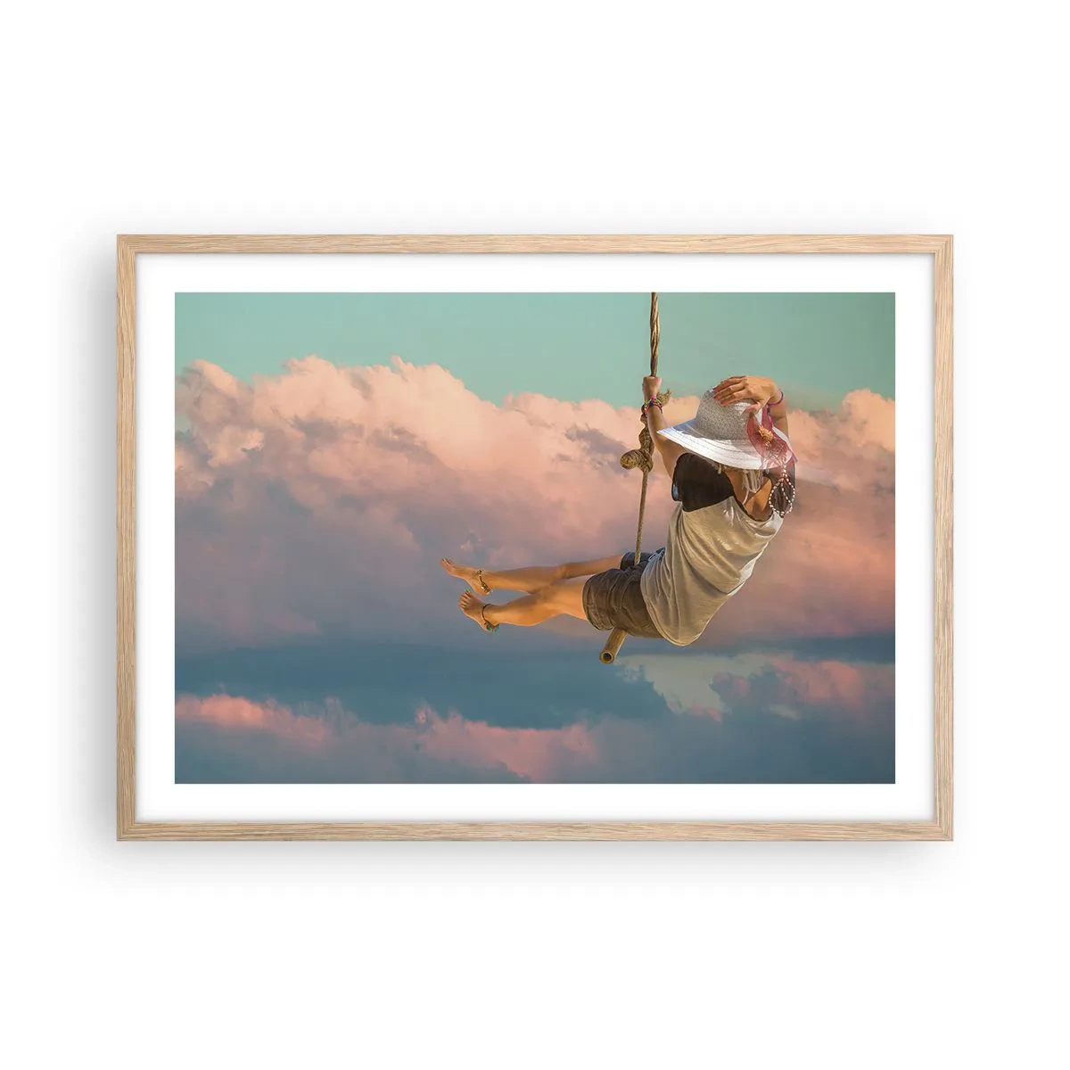 Plakat i ramme af lyst egetræ - Sjov i skyerne - 70x50 cm