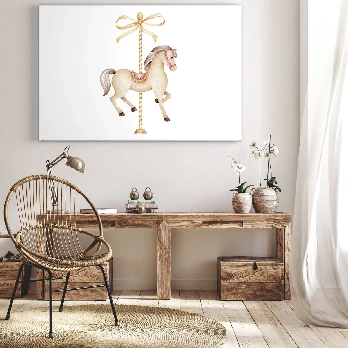 Lærredstryk - Billede på lærred - En karruselhest med en sløjfe i sarte pastelfarver - 70x50cm - Med et yndefuldt trav - Moderne vægdekoration til stue og soveværelse ARTTOR