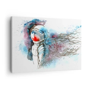 Lærredstryk - Billede på lærred - En kosmonaut i en dynamisk akvarel med kosmiske detaljer - 70x50cm - Alene med kosmos - Moderne vægdekoration til stue og soveværelse ARTTOR