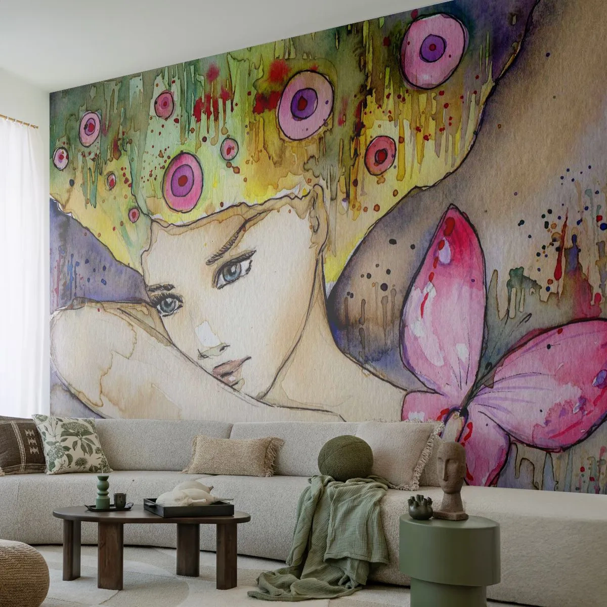 Fototapet Premium Canvas - Sommerfugleprinsesse - Abstraktion, Kvinde, Akvareller - 350x256 cm