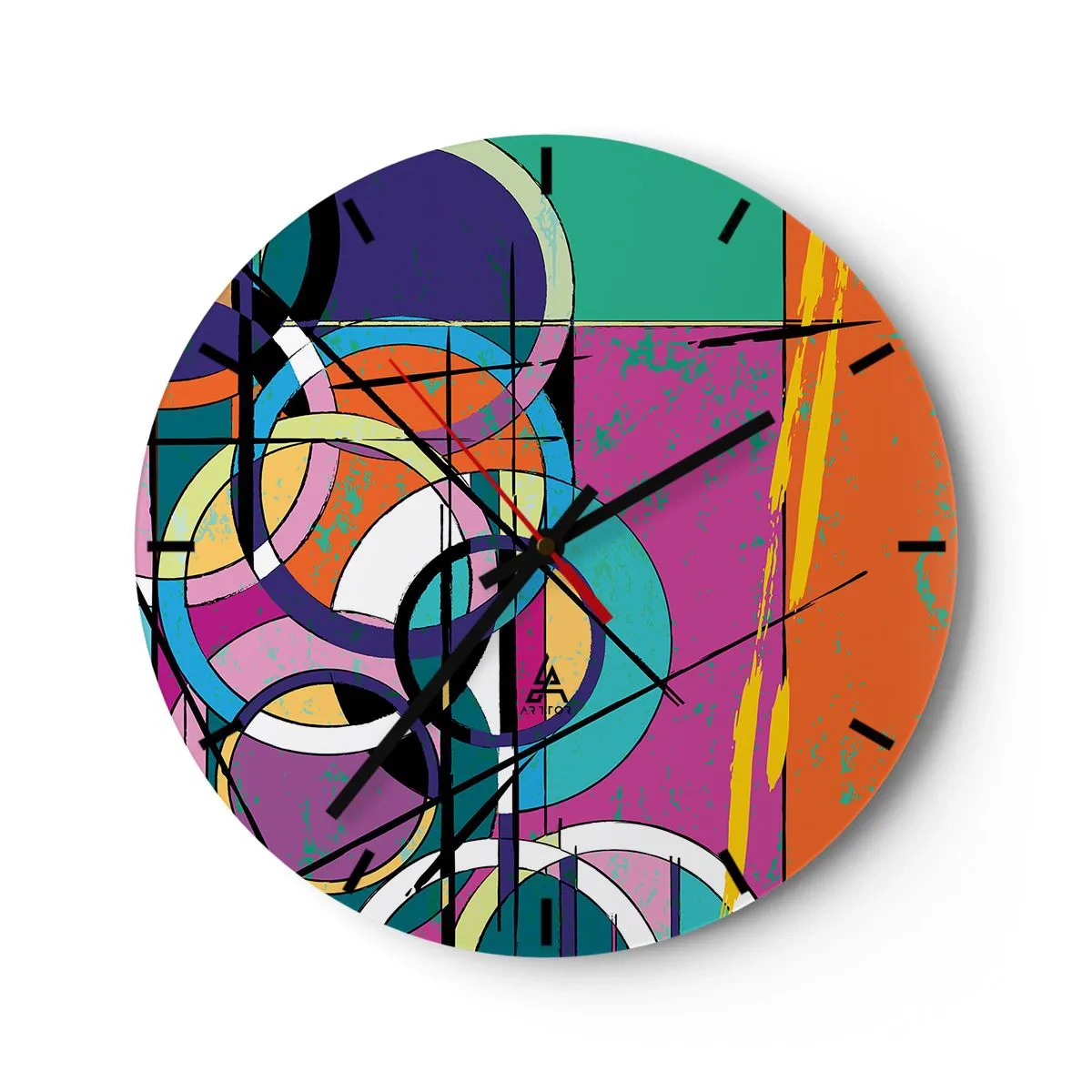 Vægur, Uret - En urskive med et abstrakt, geometrisk motiv i levende farver. - 30x30cm - Hjul for hjul - Moderne vægdekoration til stue, køkken og soveværelse ARTTOR