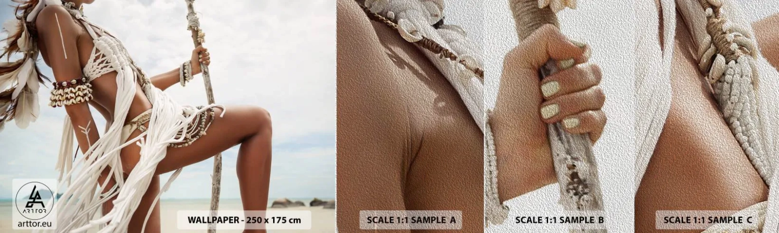 Prøve Fototapet Premium Sand - Præstinde af solen - Kvinde, Boho, Årgang - 100x30 cm