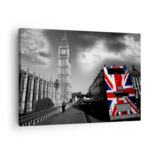 Lærredstryk - Billede på lærred - Big Ben og en bus med et britisk flag mod en sort og hvid baggrund - 70x50cm - Stolt og stor - Moderne vægdekoration til stue og soveværelse ARTTOR