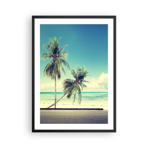 Plakat i sort ramme - To palmer på stranden med en blå himmel - 50x70cm - Ferietid til at starte - Moderne vægdekoration til stue og soveværelse ARTTOR