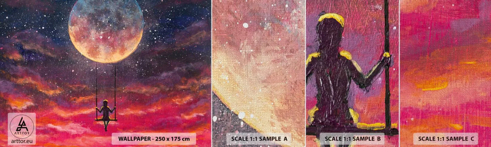 Prøve Fototapet Premium Canvas - Glæd dig i skyerne - Abstraktion, Fantasi, Måne - 100x30 cm