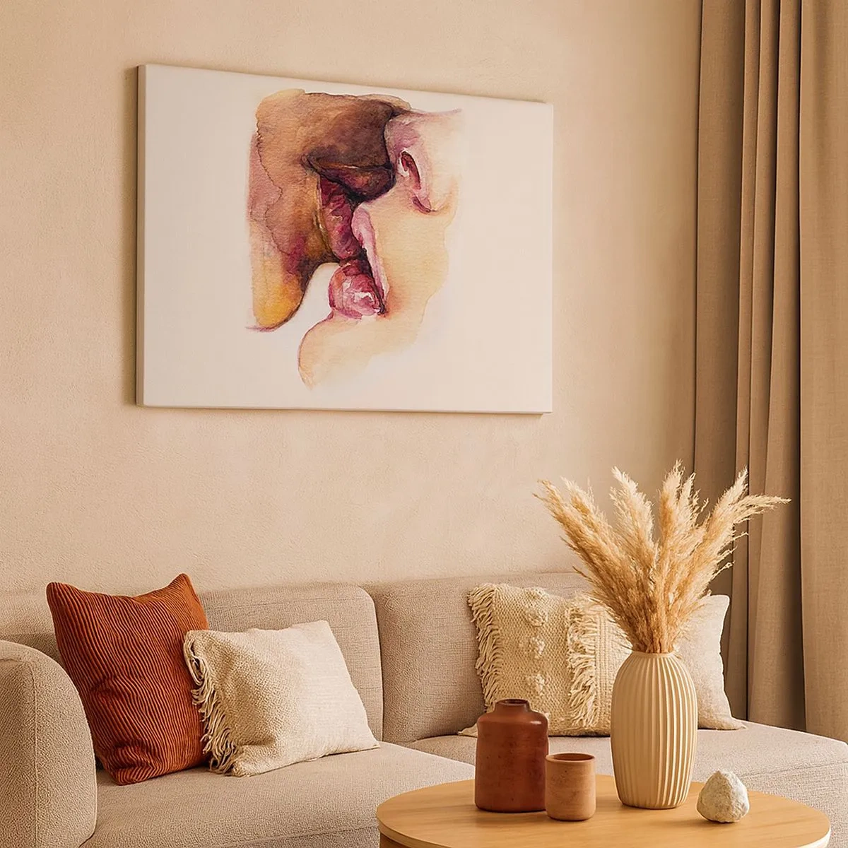 Lærredstryk - Billede på lærred - Et akvarelmaleri af et nærbillede af et ansigt - 70x50cm - Som nat og dag, jord og himmel - Moderne vægdekoration til stue og soveværelse ARTTOR