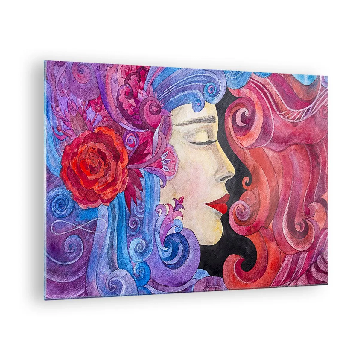 Billede på glas - Farverigt portræt af en kvinde i art nouveau-stil med rig ornamentik - 70x50cm - Art Nouveau er stadig i live - Moderne vægdekoration til stue og soveværelse ARTTOR