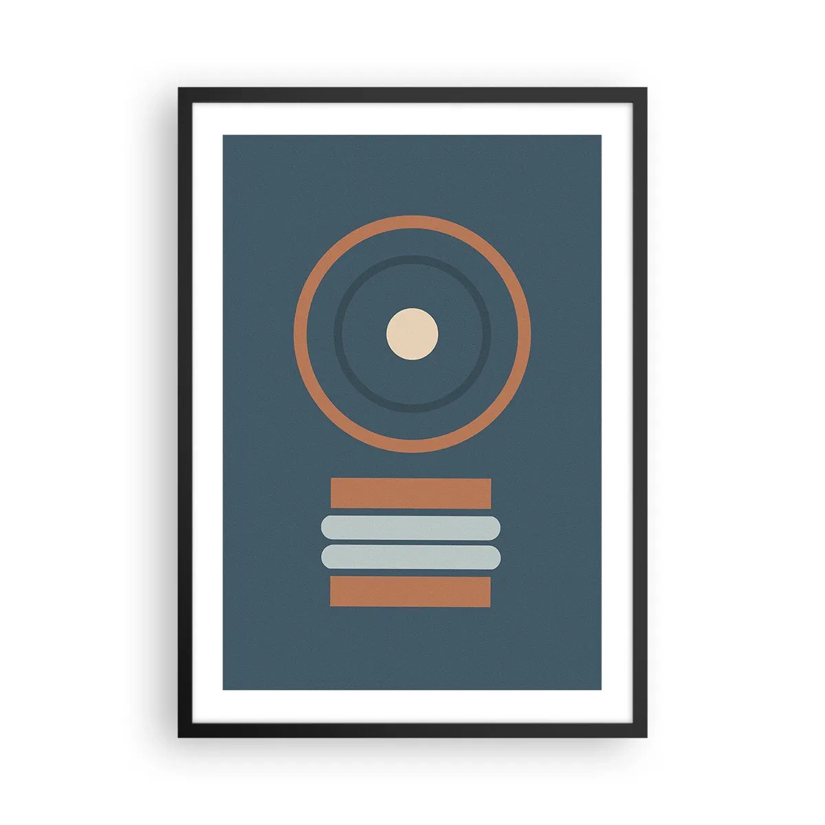 Plakat i sort ramme - Geometrisk mønster med cirkler og rektangler i nuancer af blå og brun - 50x70cm - Essensen af tingene - Moderne vægdekoration til stue og soveværelse ARTTOR