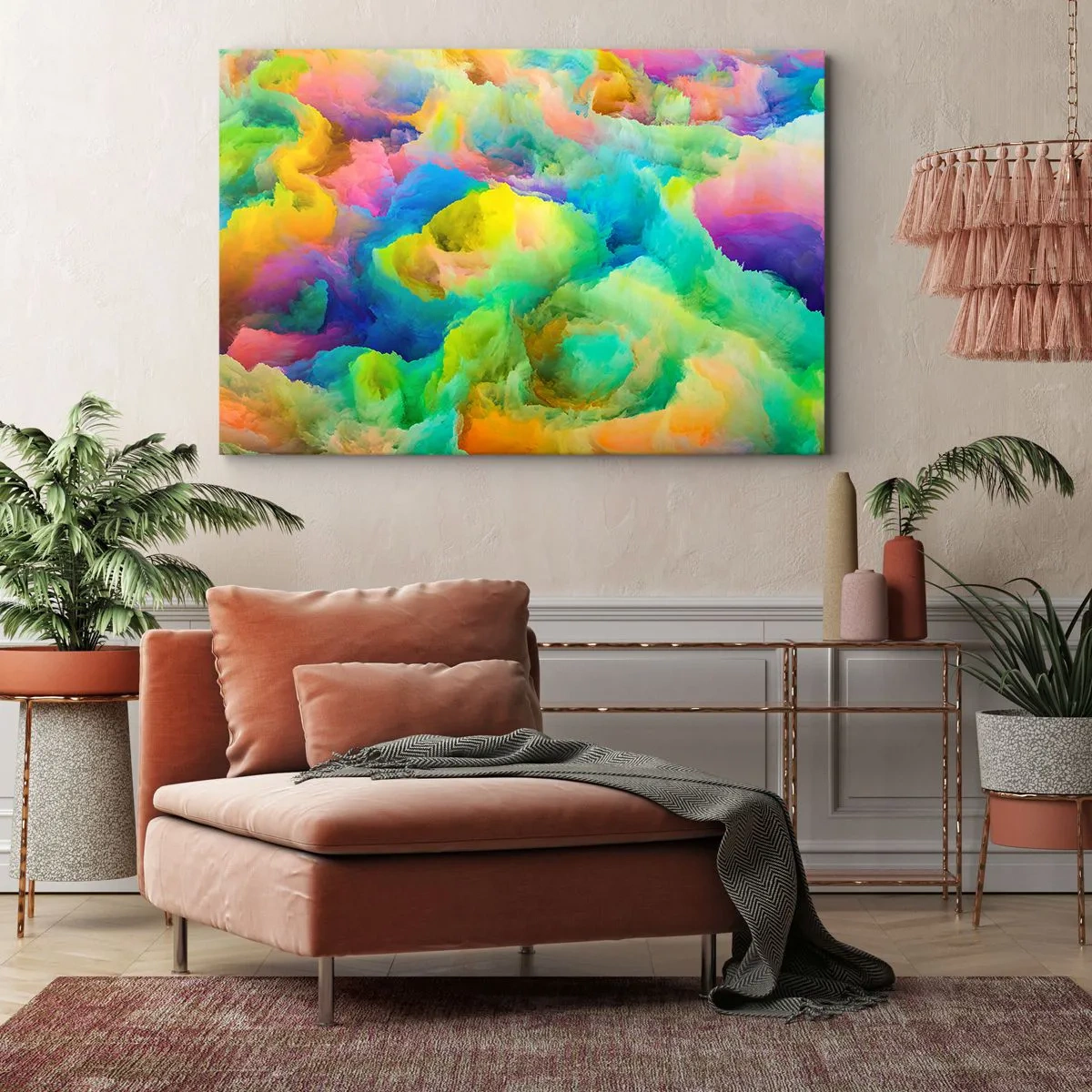 Lærredstryk - Billede på lærred - Abstrakt komposition i regnbuens farver - 70x50cm - Regnbuefnug - Moderne vægdekoration til stue og soveværelse ARTTOR