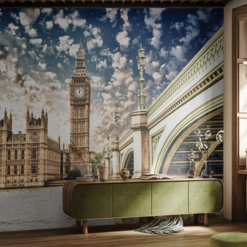 Fototapet Premium Sand - Fjeragtige skyer over Themsen - By, London, England - 300x210 cm